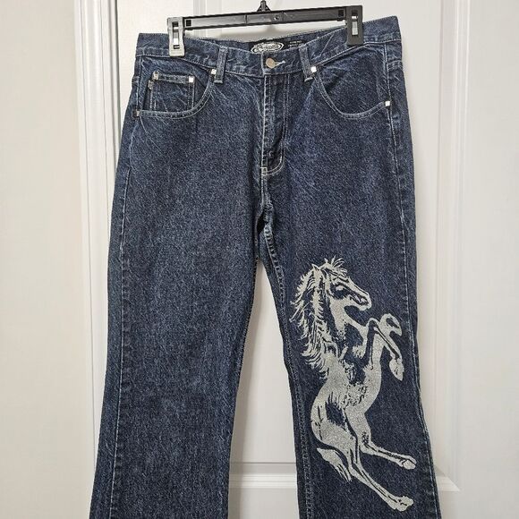 VTG Crest Jeans Junior 15/16 (32x29) Blue Silver Metallic Horse Bootcut Mid-Rise - Picture 4 of 13